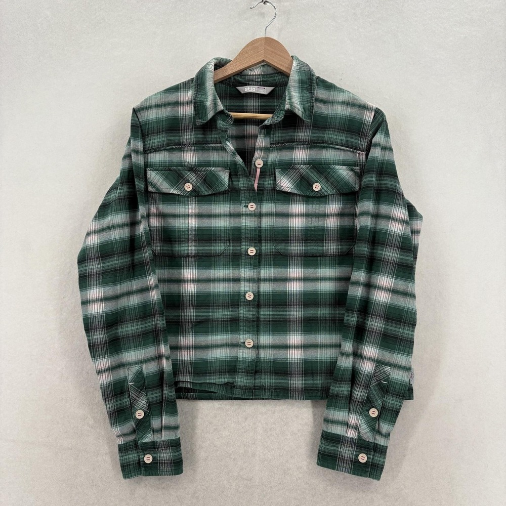 Stio Bevel Flannel Shirt Womens Small Green Plaid Organic Cotton Double Brushed